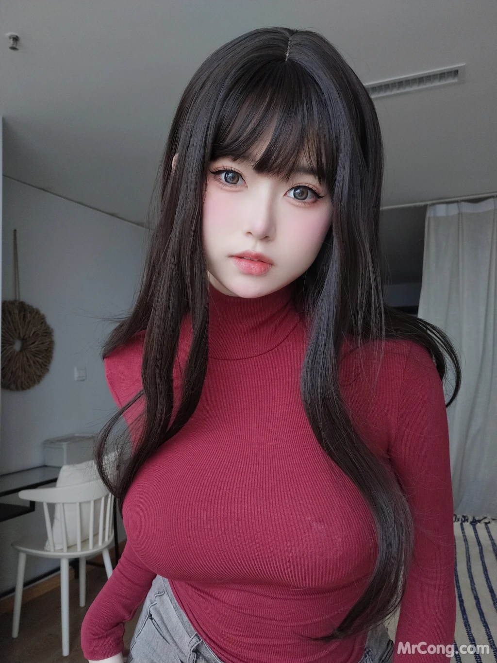 Coser@女主K: 红色毛衣的丰满妹妹